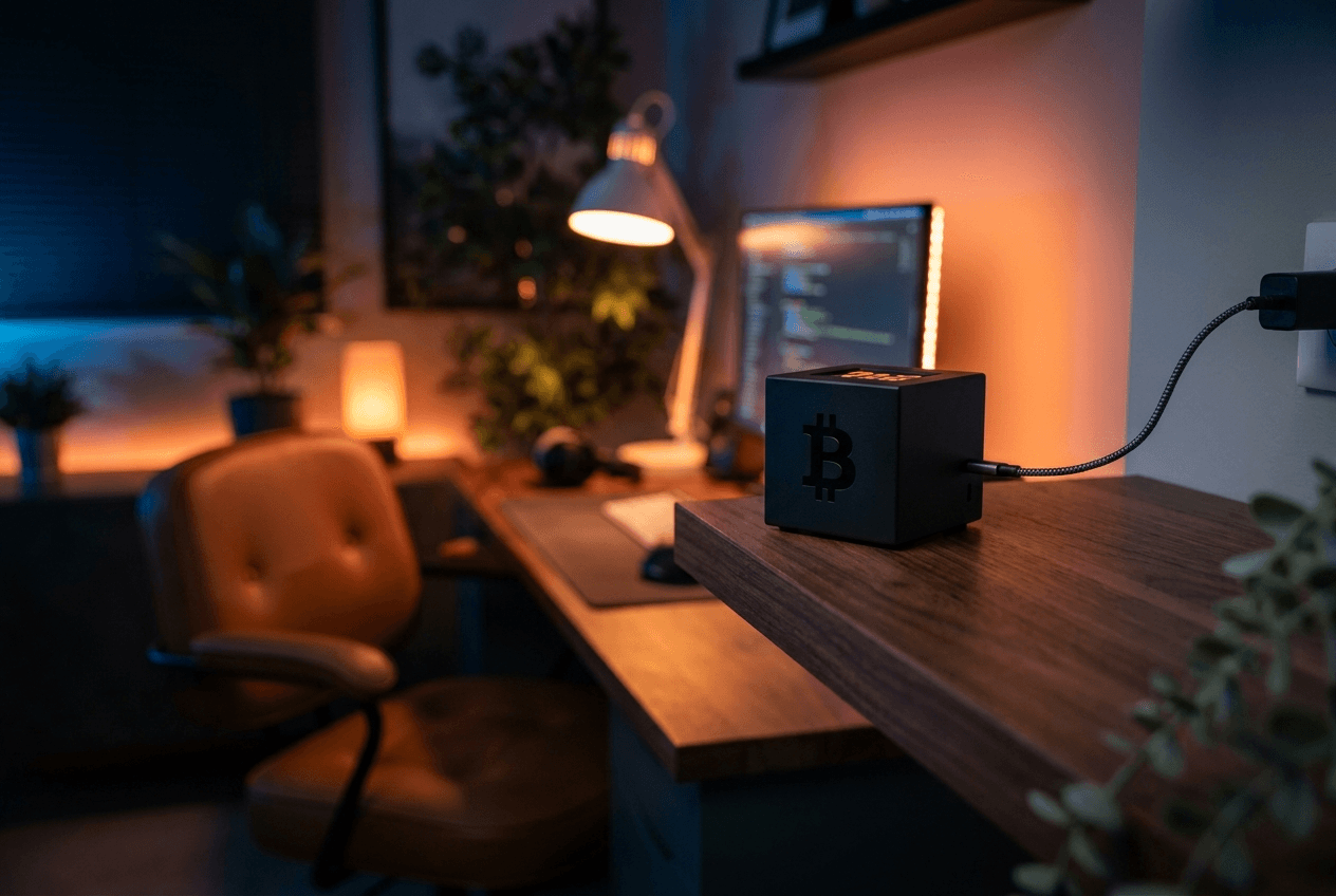 A MinerLotto device on a desk in a cozy dark home office, plugged into the wall
