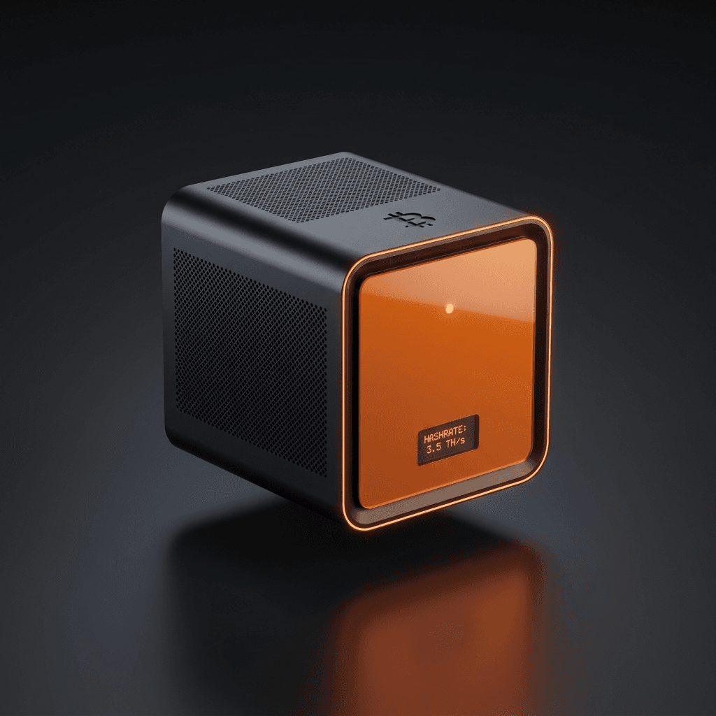 MinerLotto device — a small matte-black Bitcoin lottery miner with a glowing orange face